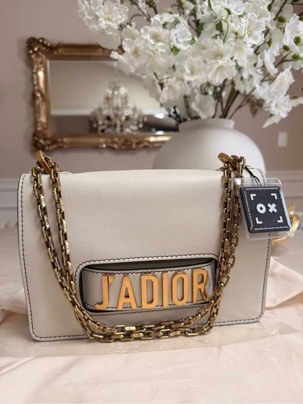 CHRISTIAN DIOR Calfskin J'Adior Chain Flap Bag Off White